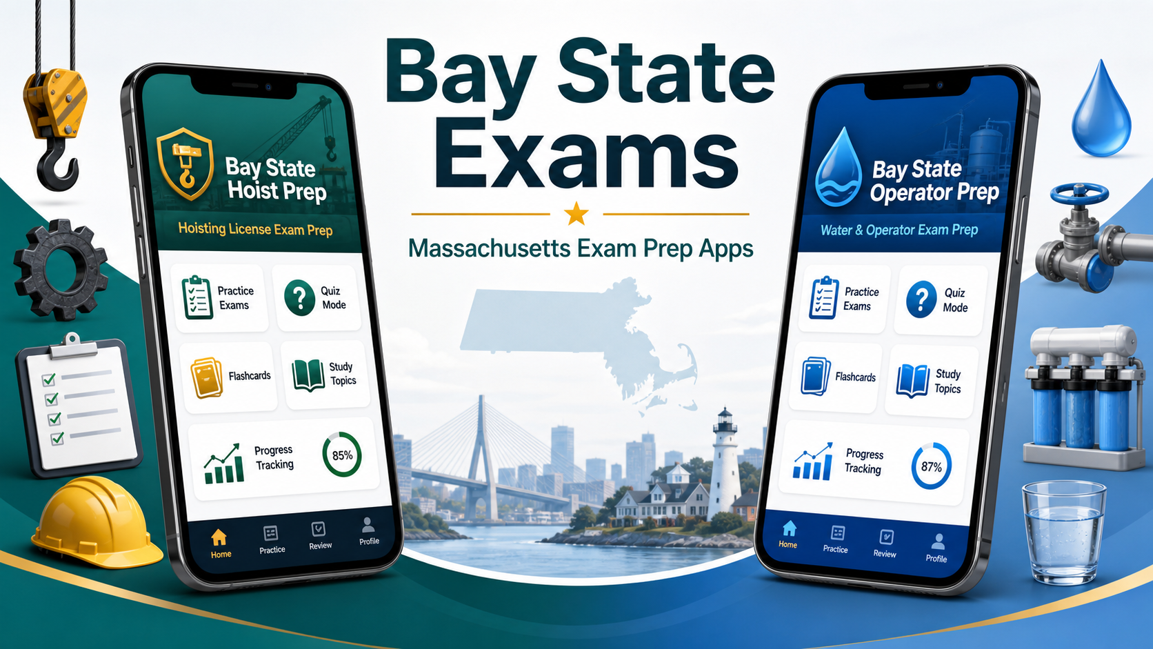 Bay State Exams app lineup showing hoisting and operator prep apps